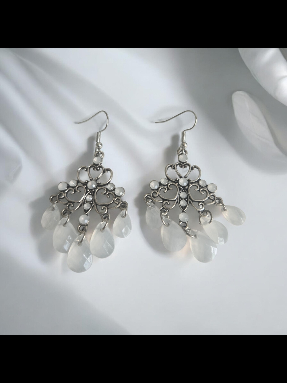 Silver Filigree Chandelier Earrings with White Teardrop Penndants